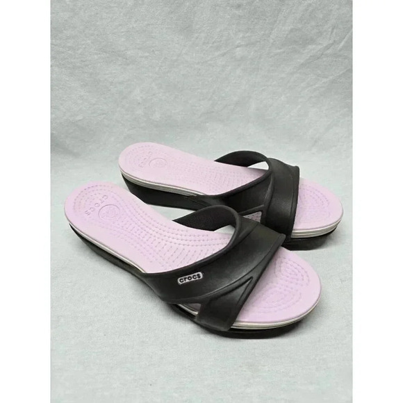 CROCS Cyprus Womens Sz 8 Low Wedge Sandals Brown Pink Criss-Cross Strap Slip On - Picture 2 of 11